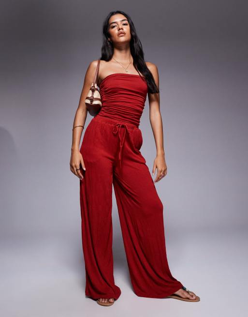 ASOS DESIGN - Coordinato color ruggine stropicciato con pantaloni e top a fascia