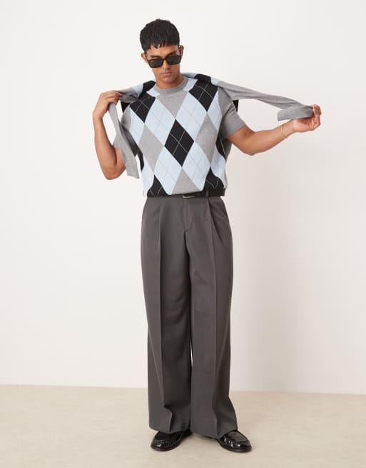 ASOS DESIGN - Coordinato composto da T-shirt e cardigan squadrato taglio comodo in maglia blu con motivo a rombi