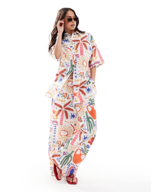 ASOS DESIGN - Coordinato con camicia a maniche corte oversize e pantaloni a fondo ampio in lino con stampa di cactus