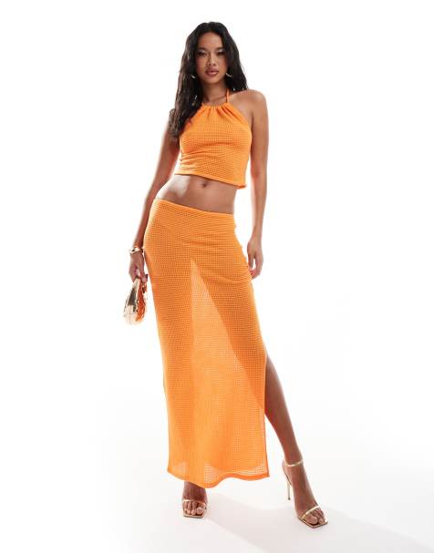 ASOS DESIGN - Coordinato con gonna e top allacciato al collo arancione testurizzato - view 1