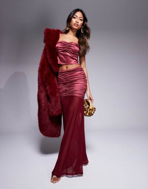 ASOS DESIGN - Coordinato con gonna lunga e top a fascia in raso elasticizzato arricciato bordeaux - view 1