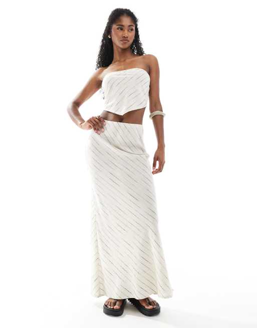 ASOS DESIGN - Coordinato con gonna lunga effetto lino tonalità naturale a righe con taglio sbieco