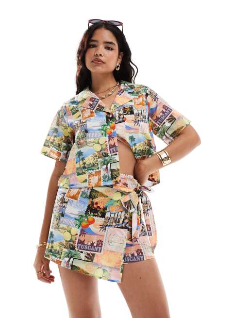 ASOS DESIGN - Coordinato con gonna pantalone avvolgente allacciata sul lato e camicia con stampa di paesaggio