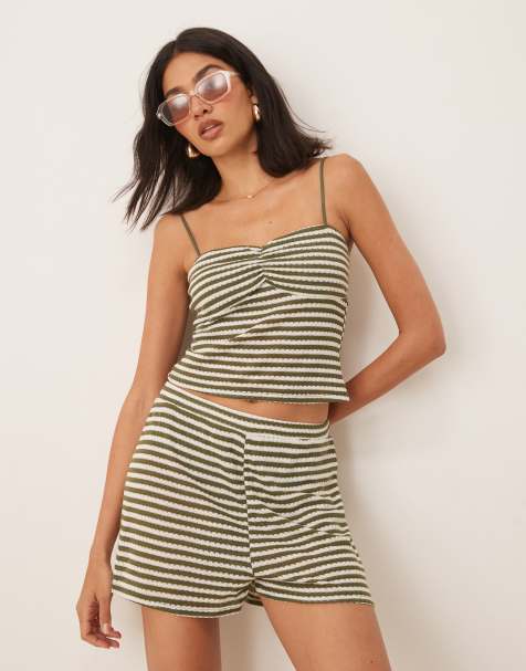 ASOS DESIGN - Coordinato con pantaloncini all'uncinetto testurizzati a righe verdi - view 1