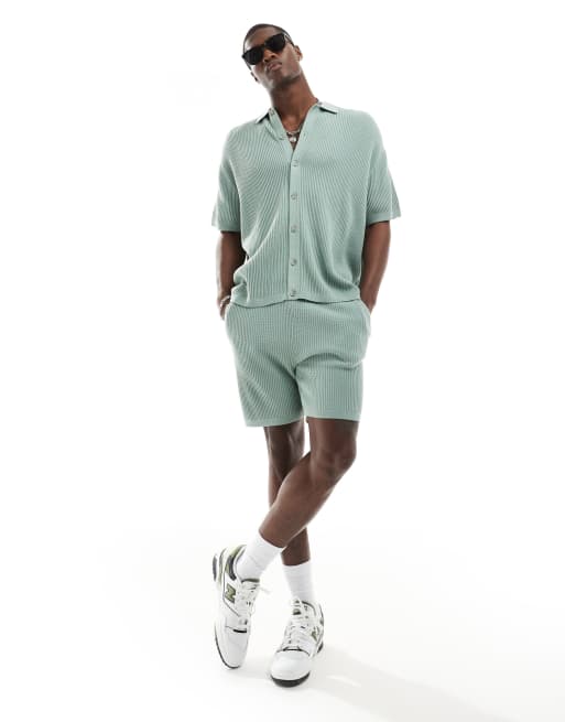 ASOS DESIGN - Coordinato con pantaloncini in maglia a coste intrecciate verde