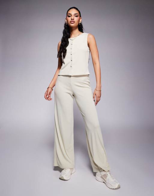 ASOS DESIGN - Coordinato con pantaloni con fondo ampio e gilet color pietra a coste con bottoni sul davanti