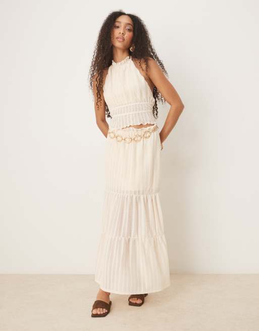 ASOS DESIGN - Coordinato con top allacciato al collo senza maniche testurizzato color crema con schiena scoperta