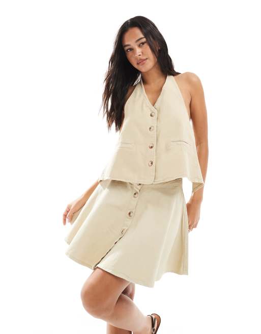 ASOS DESIGN - Coordinato con top e minigonna in denim color sabbia con volant