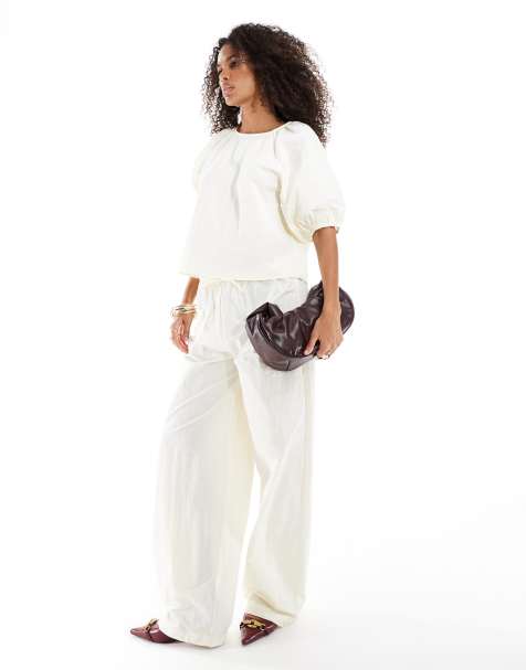 ASOS DESIGN - Coordinato écru tecnico con blusa con maniche raglan a sbuffo e pantaloni - view 1