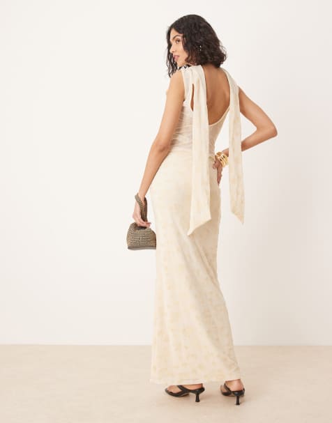 ASOS DESIGN - Coordinato floccato color crema con top drappeggiato e gonna lunga - view 1