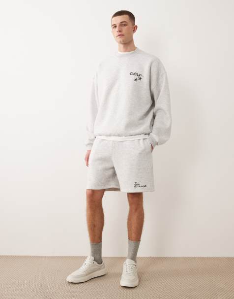 ASOS DESIGN - Coordinato grigio ghiaccio mélange con pantaloncini oversize e felpa girocollo con stampa - view 1