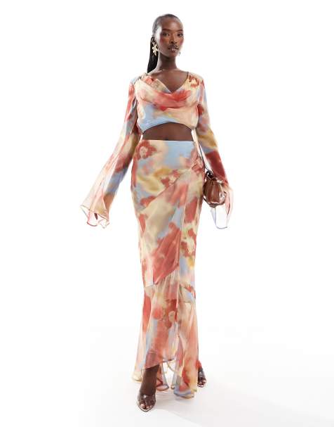 ASOS DESIGN - Coordinato in chiffon con stampa sfocata con gonna lunga asimmetrica e top con scollo ad anello - view 1