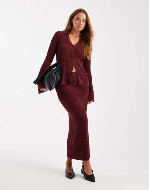 ASOS DESIGN - Coordinato in ciniglia bordeaux con gonna lunga e cardigan taglio lungo con colletto - view 1