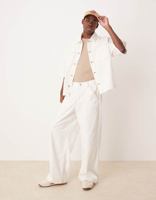 ASOS DESIGN - Coordinato in denim color écru con camicia oversize a maniche corte con tasche applicate e pantaloni larghi