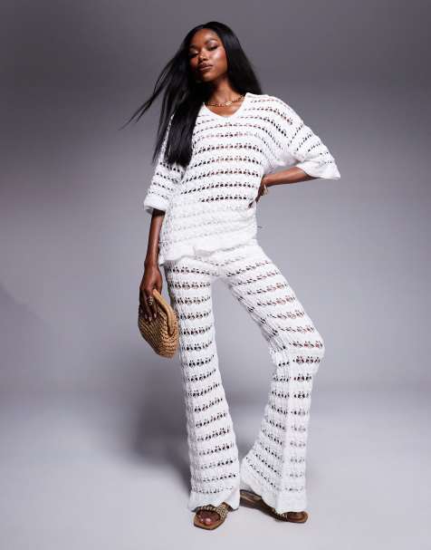 ASOS DESIGN - Coordinato in maglia bianco con camicia con colletto e cuciture e pantaloni con fondo ampio - view 1