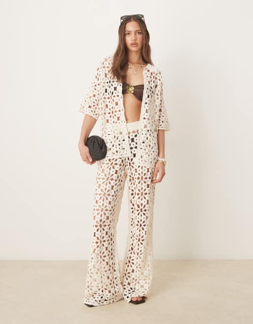 ASOS DESIGN - Coordinato in maglia color panna composto da camicia e pantaloni a fondo ampio