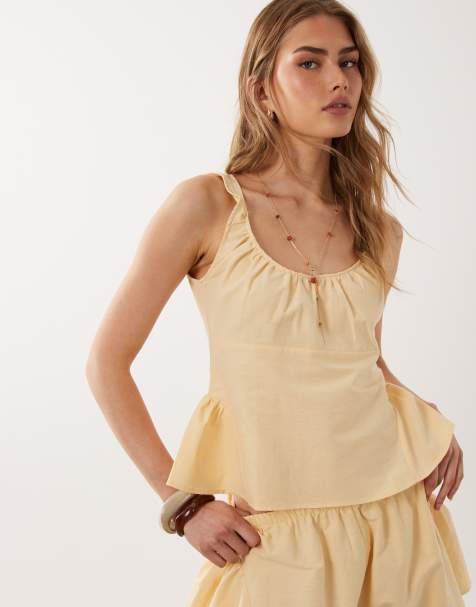ASOS DESIGN - Coordinato in misto lino color latticello con spalline sottili e vita godet - view 1