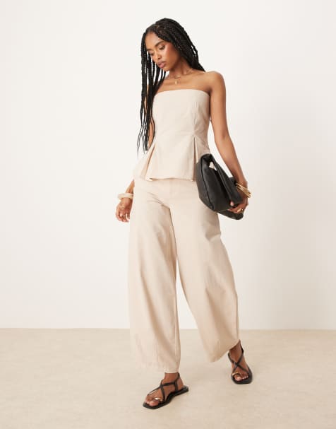 ASOS DESIGN - Coordinato in misto lino neutro con top a fascia stretto in vita e pantaloni - view 1