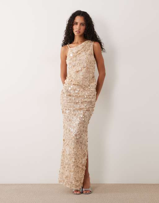 ASOS DESIGN - Coordinato in paillettes color champagne con top asimmetrico drappeggiato