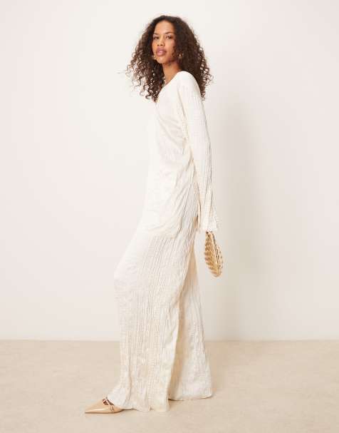 ASOS DESIGN - Coordinato in raso stropicciato écru con pantaloni a fondo ampio e top a maniche lunghe - view 1