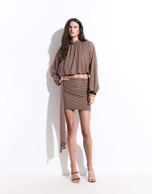 ASOS DESIGN - Coordinato in rete semitrasparente color moka