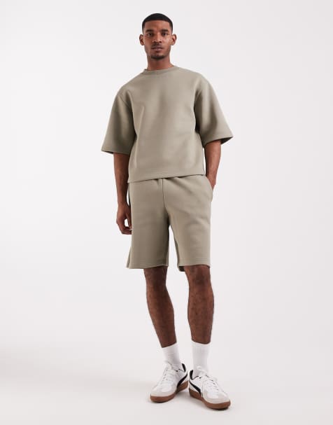 ASOS DESIGN - Coordinato in tessuto effetto scuba pesante kaki con t-shirt comoda e pantaloncini oversize - view 1