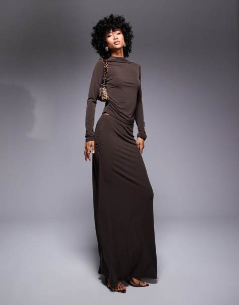 ASOS DESIGN - Coordinato marrone composto da gonna lunga e top a maniche lunghe arricciato con collo alto - view 1