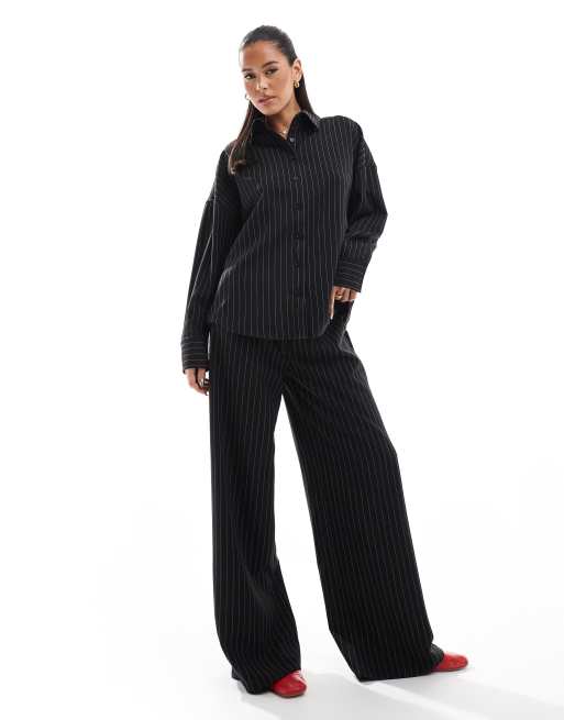 ASOS DESIGN - Coordinato monocromatico gessato con camicia sartoriale oversize e pantaloni con fondo ampio