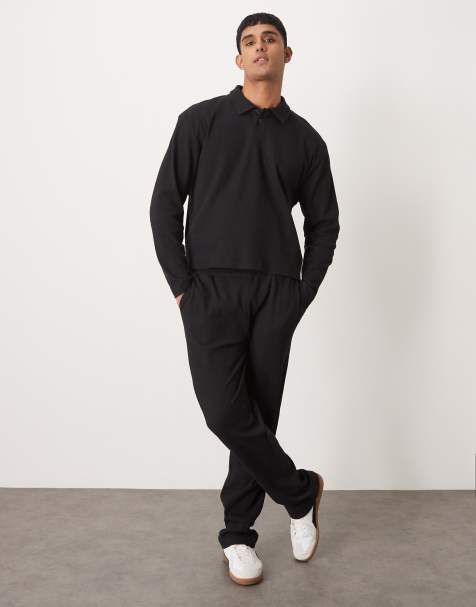 ASOS DESIGN - Coordinato nero con joggers dritti a coste e felpa polo - view 1