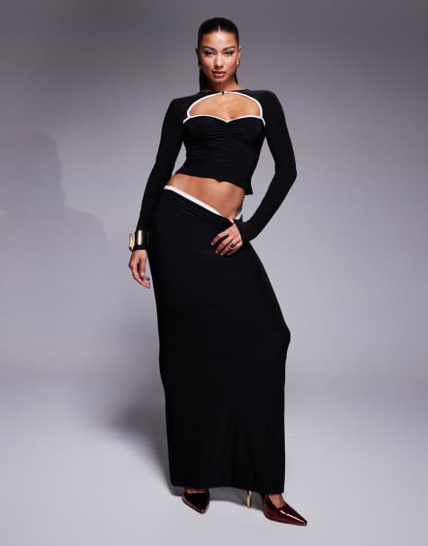 ASOS DESIGN - Coordinato nero con top aderente a maniche lunghe con cut-out e finiture a contrasto e gonna lunga - view 1