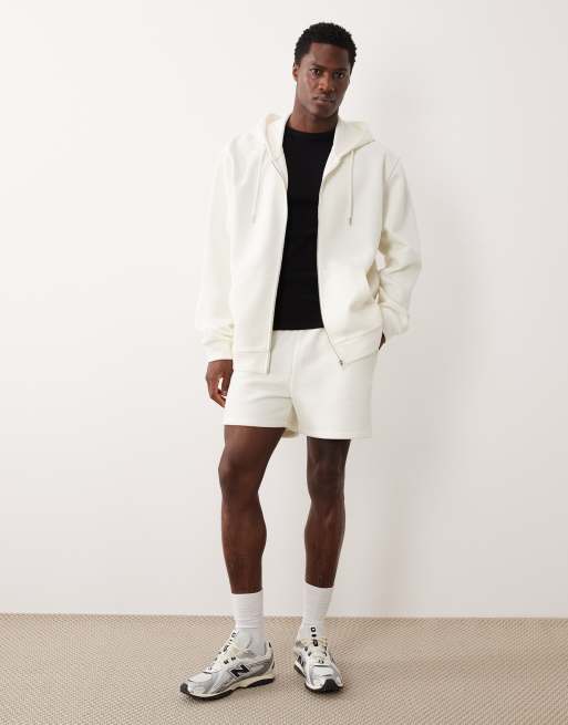 ASOS DESIGN - Coordinato oversize in piqué con zip e pantaloncini color crema