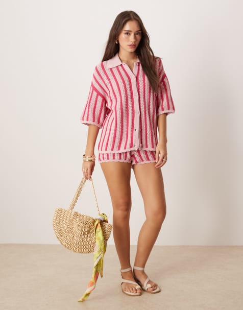 ASOS DESIGN - Coordinato rosa in maglia a righe con camicia e pantaloncini con bordi ondulati - view 1