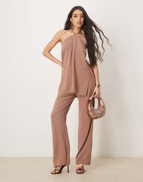 ASOS DESIGN - Coordinato sartoriale color mocha con top allacciato al collo e pantaloni - view 1