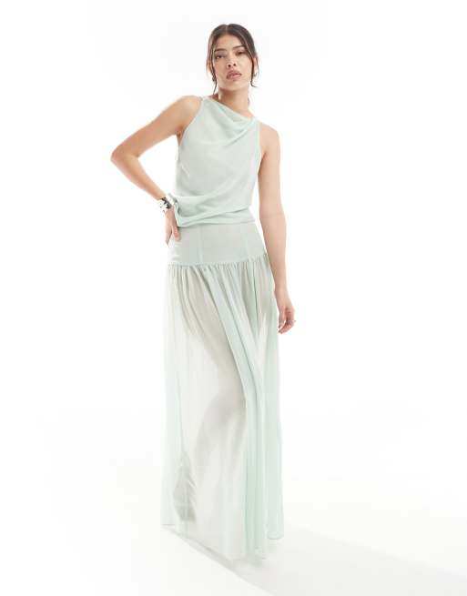 ASOS DESIGN - Coordinato verde salvia con gonna lunga trasparente in chiffon drappeggiato e top accollato