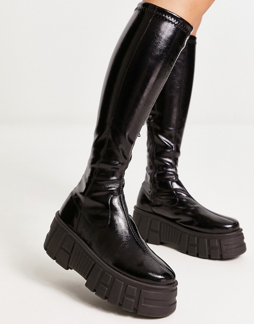 ASOS DESIGN Copenhagen chunky knee high sock boots in black patent