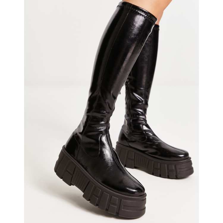 asos design camera chunky lace up knee boots in black