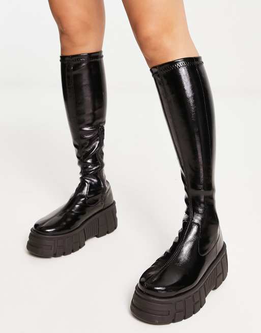 asos design camera chunky lace up knee boots in black