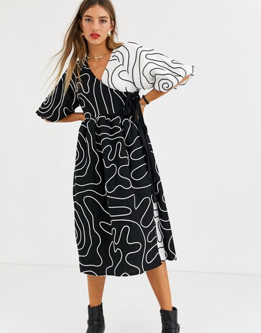 ASOS DESIGN Copenhagen embroidered wrap midi dress with puff sleeves ...