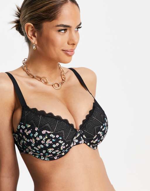 ASOS DESIGN Coppe Grandi - Amaya - Reggiseno imbottito in pizzo con fiorellini, colore nero