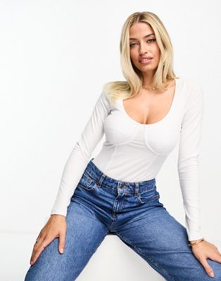 ASOS DESIGN Fuller Bust rib bodysuit with bust seams and long sleeve in white - ASOS Price Checker