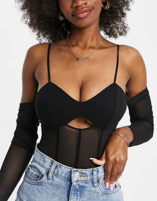 ASOS DESIGN Coppe Grandi - Body stile brassière con maniche in rete e dettagli stile corsetto