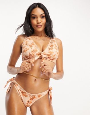 ASOS DESIGN Fuller Bust tie front crop bikini top with crochet detail in natural palm print - ASOS Price Checker