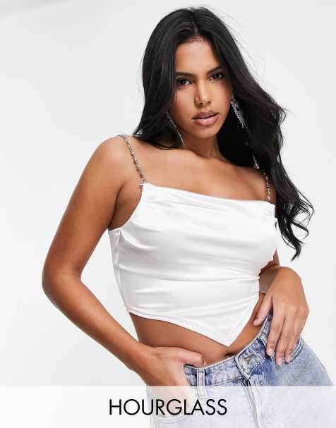 ASOS DESIGN Coppe Grandi - Crop top in raso color avorio con spalline decorate - view 1