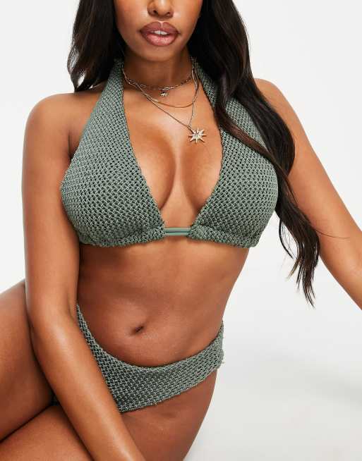 ASOS DESIGN Coppe Grandi - Mix and Match - Top bikini a triangolo allacciato al collo all'uncinetto kaki