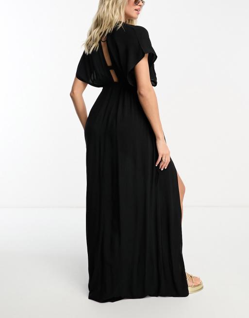 ASOS DESIGN Coppe Grandi - Vestito da mare lungo nero con maniche con volant e coulisse allacciata in vita , 4 di 4
