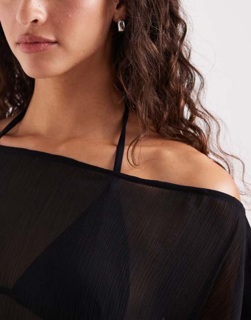 ASOS DESIGN - Copricostume corto da mare nero trasparente, 3 di 4