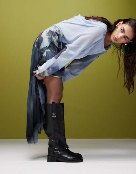 ASOS DESIGN - Cora - Kniehoge leren bikerlaarzen met metalen details in zwart - view 1