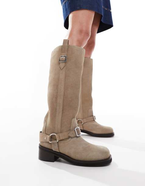 ASOS DESIGN - Cora - Kniehoge suède bikerboots met harnas in taupe - view 1