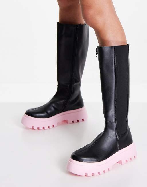 ASOS DESIGN - Cora - Knielaarzen met dikke roze zool in zwart