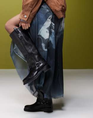 Asos Design Cora Leather Harness Biker Knee Boots In Black